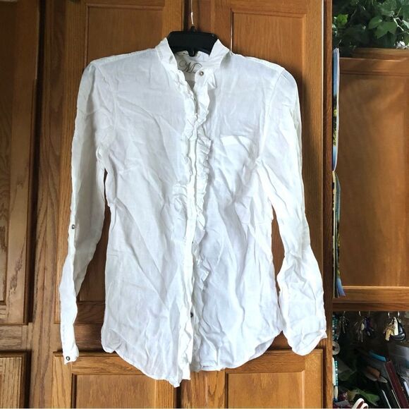Massimo Dutti Ruffle Linen Hidden Front Button Up Blouse Size 36 - Picture 1 of 13